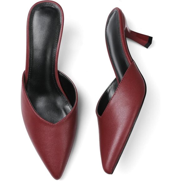 Burgundy Closed Pointed Toe Stiletto Slingback Heels Black Mules for Women - Picture 2 of 7